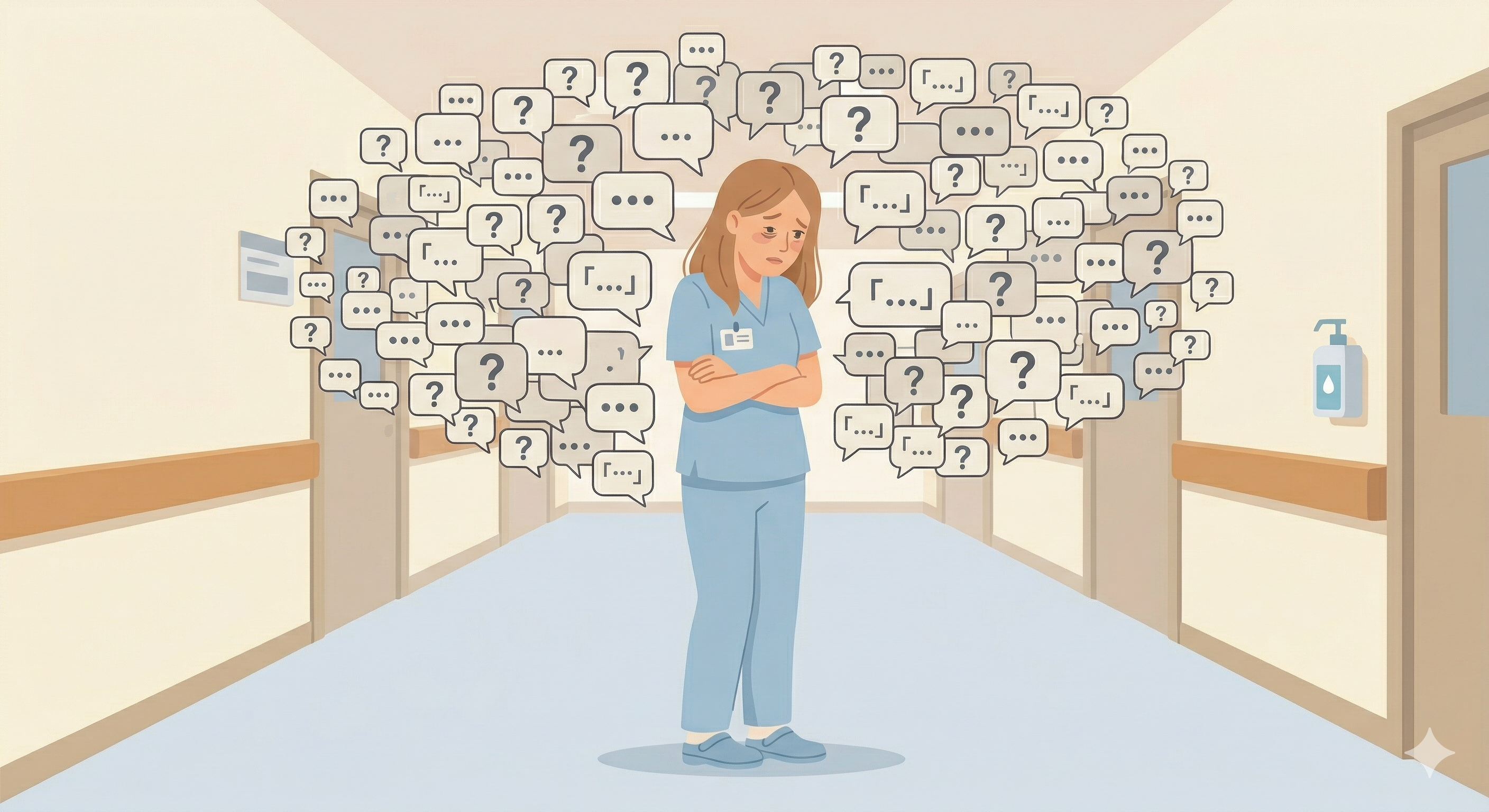 言えなかった言葉が吹き出しとして積み重なっている看護師のイラスト