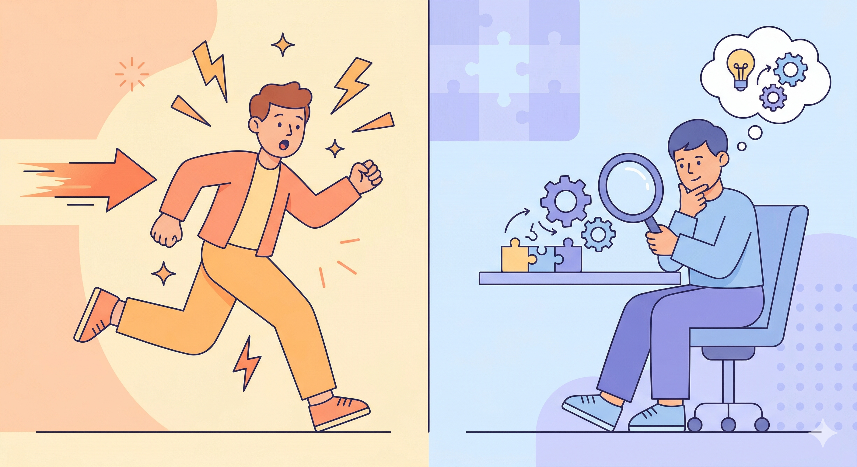 System1(速い・直感的)とSystem2(遅い・分析的)の対比イラスト