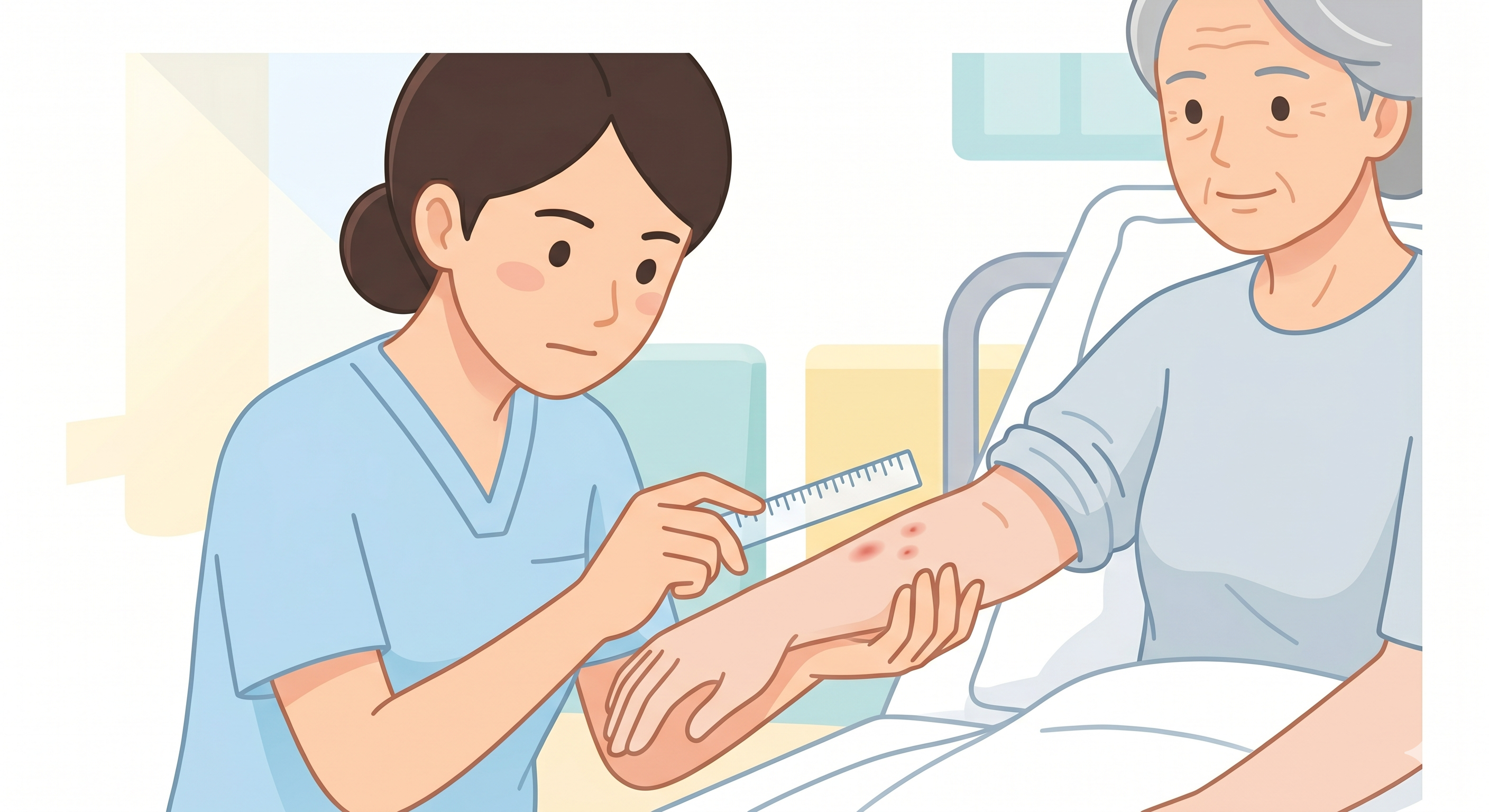 患者の皮膚を定規で測りながら丁寧に観察する看護師