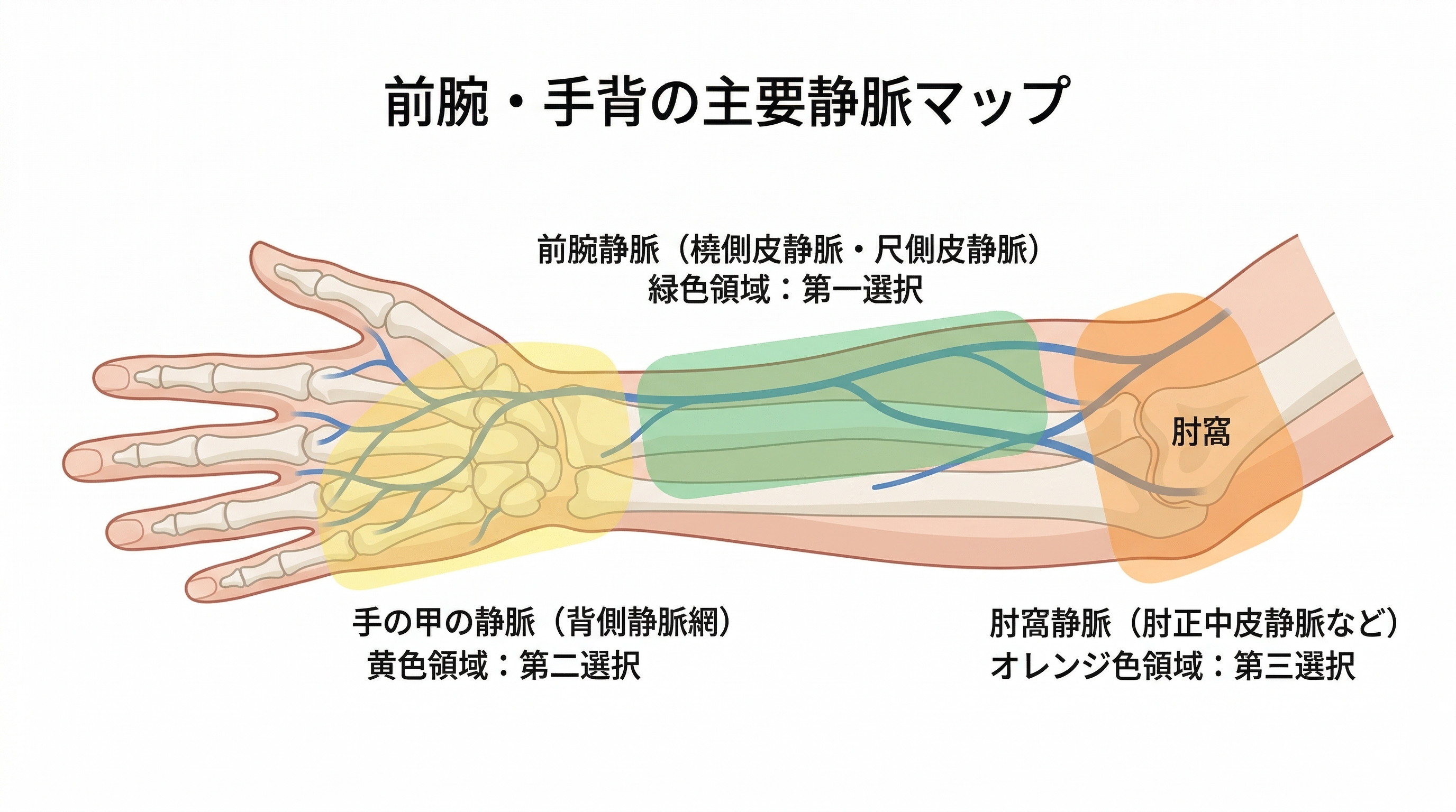 前腕・手背・肘窩の血管図と優先順位