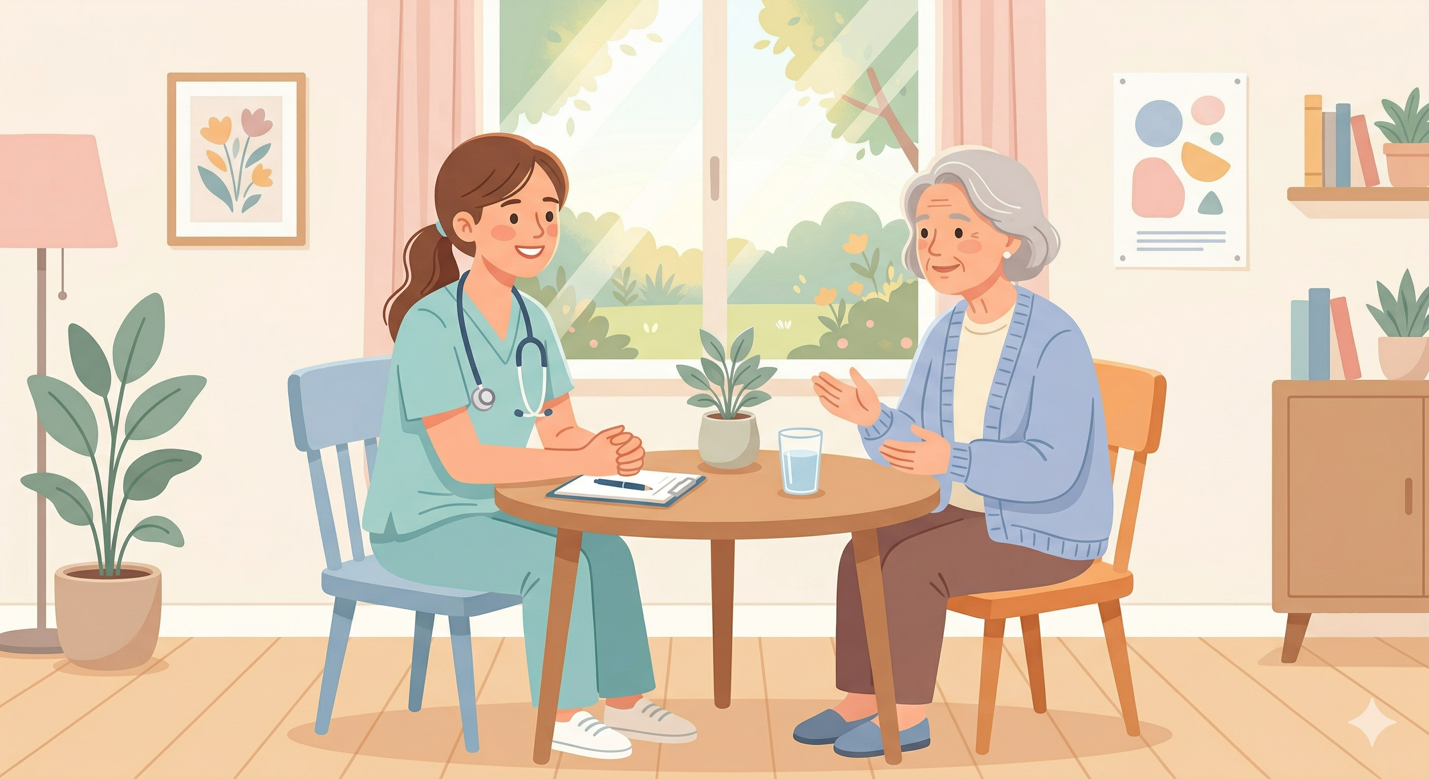 患者が自分から話し始め、看護師が穏やかに聞いている場面のイラスト