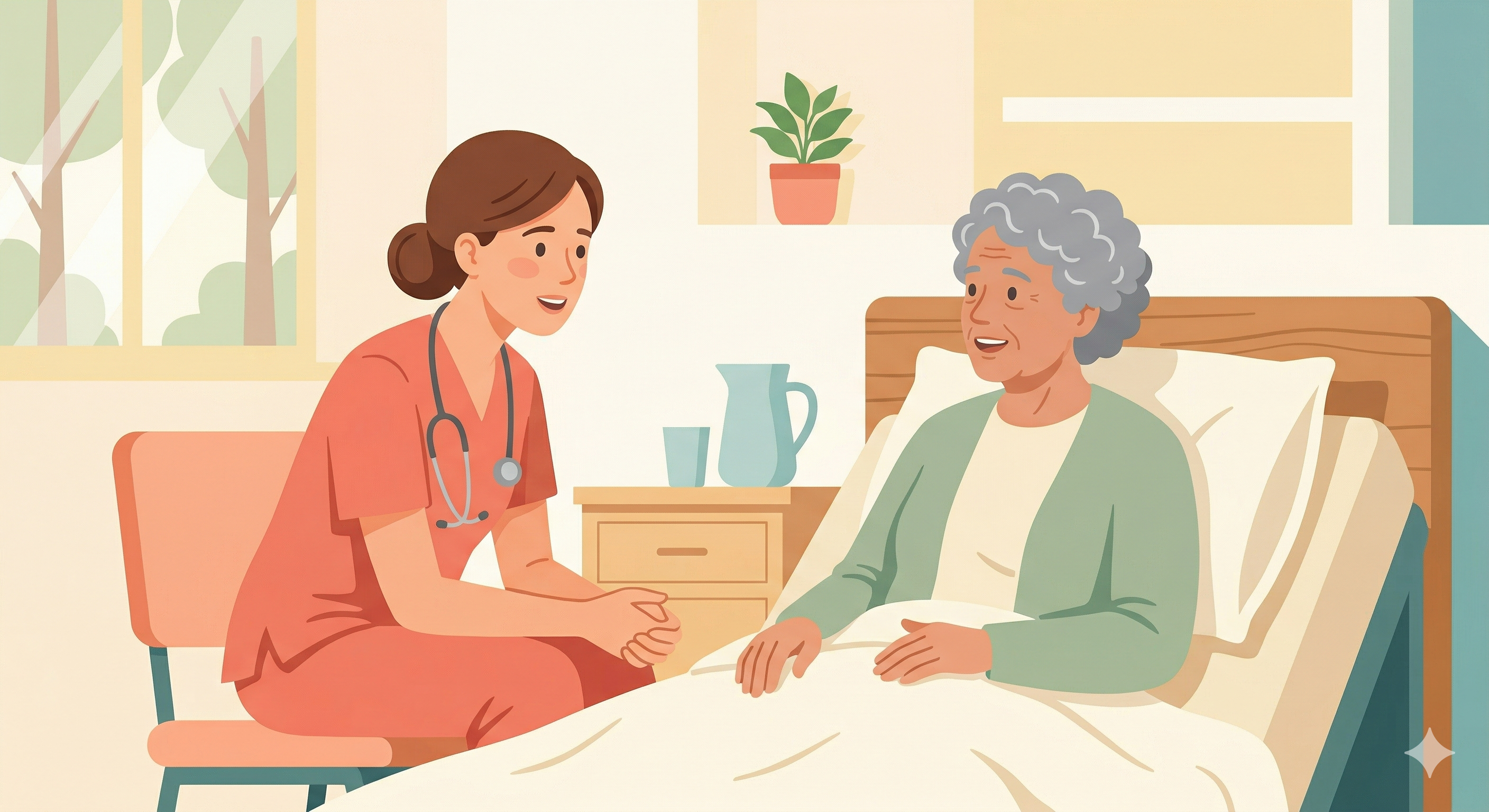 看護師がベッドサイドで患者の話に耳を傾けているイラスト