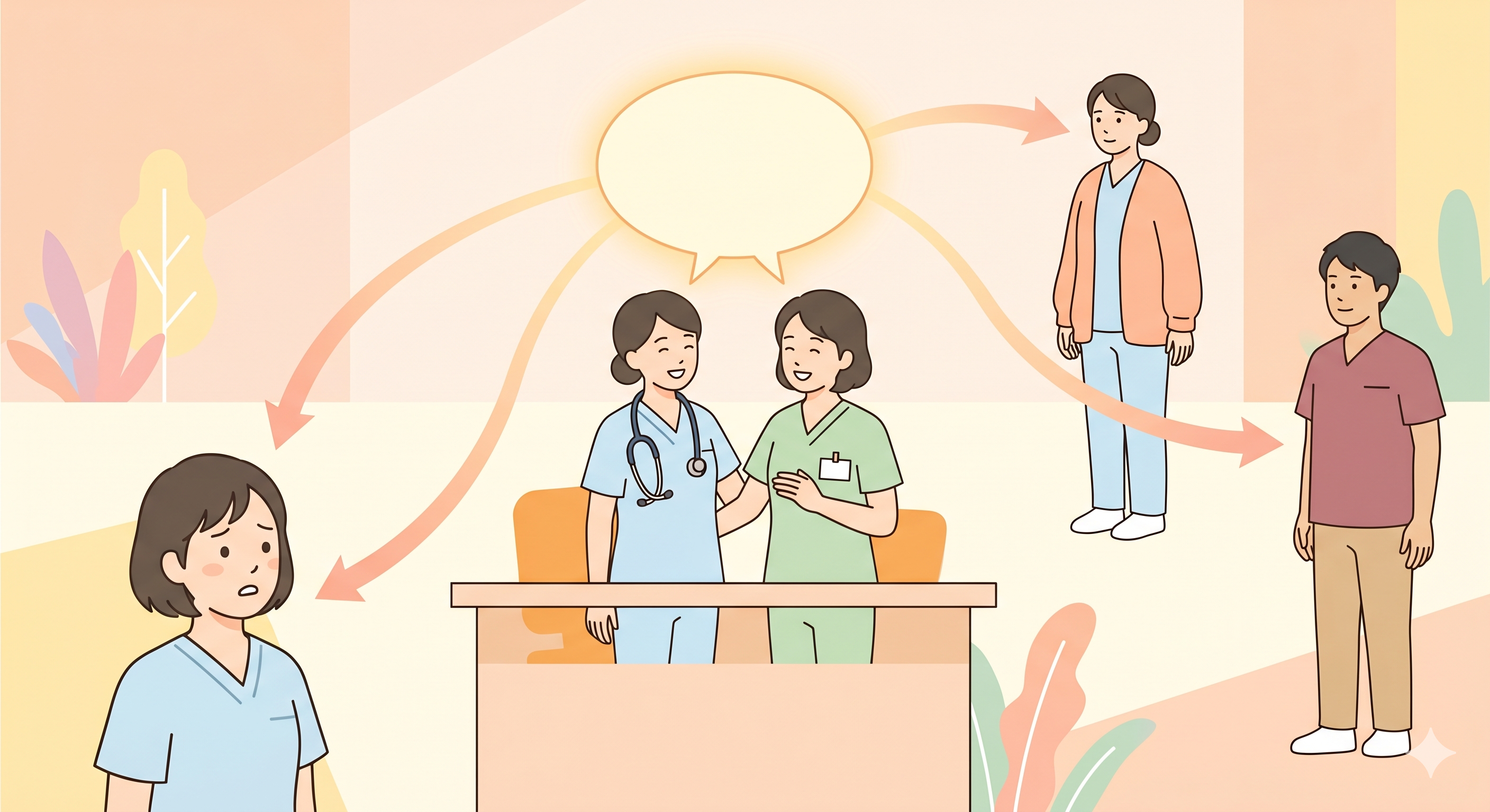 身内に通じる言葉から、もう一歩先へ向かう様子のイラスト