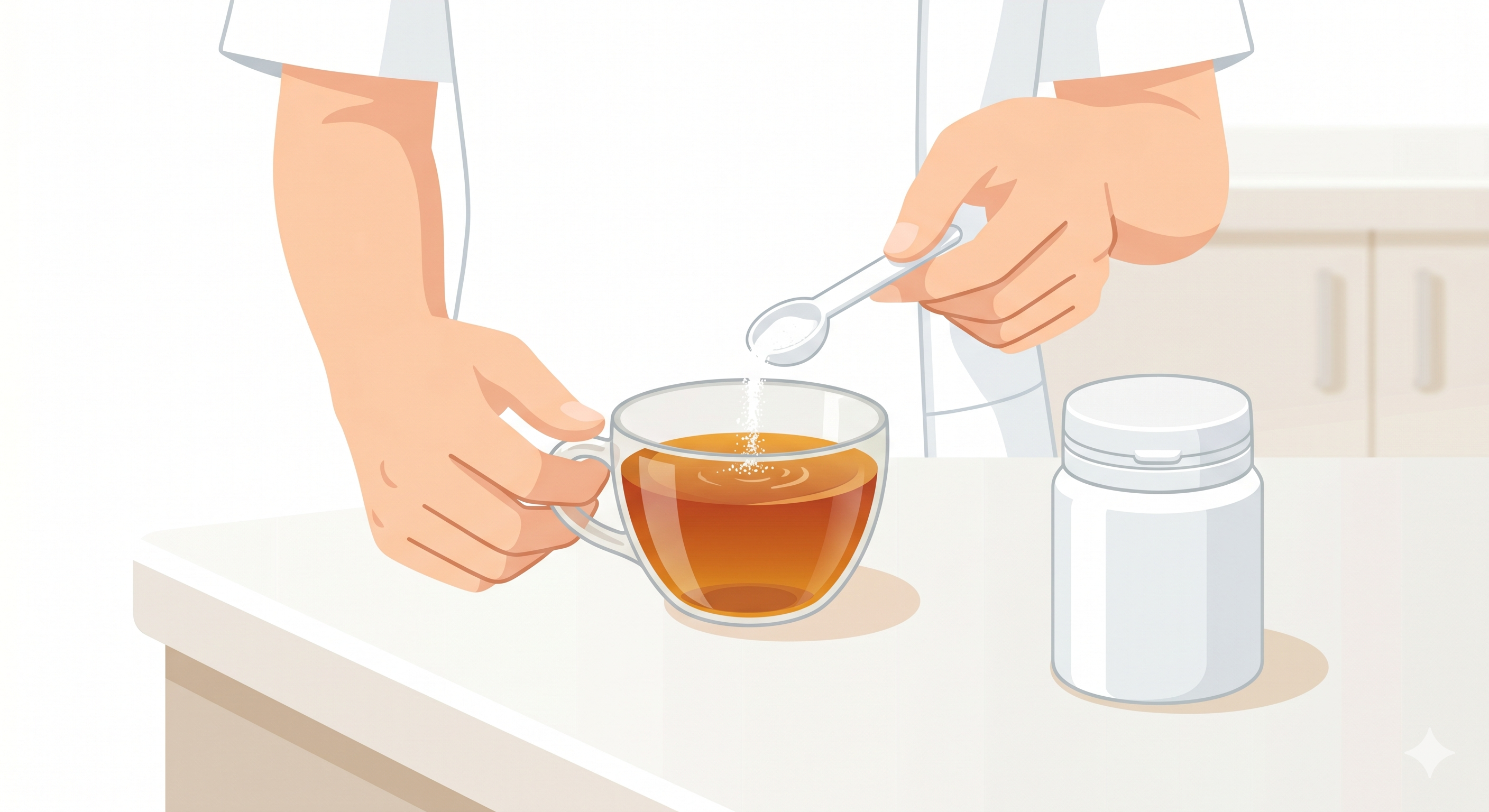 とろみ剤を計量スプーンで測りながら飲み物に加える様子