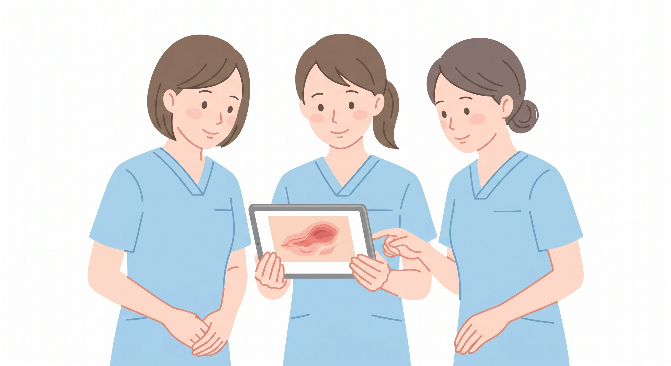 3人の看護師が同じ視点で創傷を観察しているイラスト