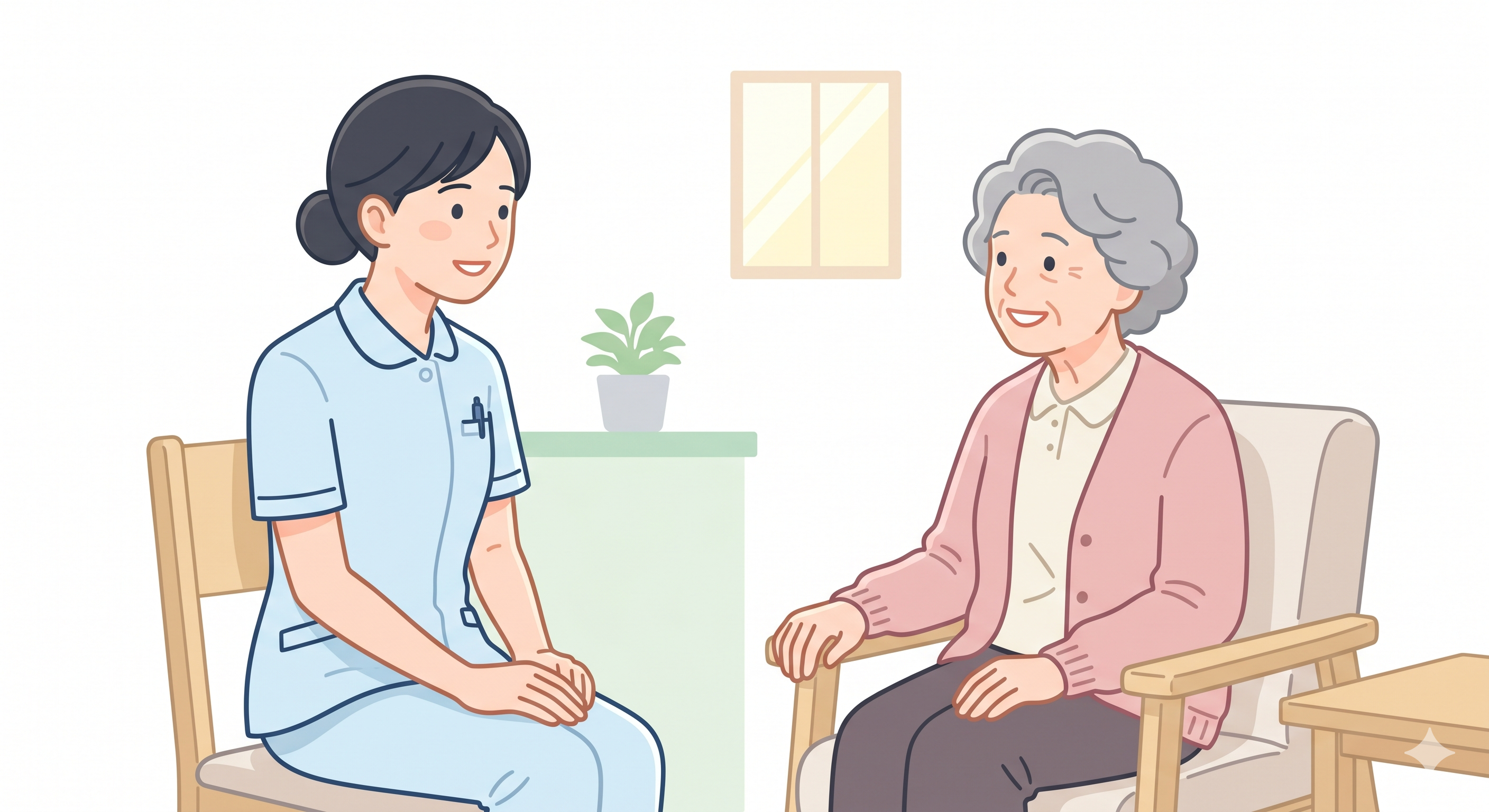 看護師が患者さんと笑顔で会話するイラスト